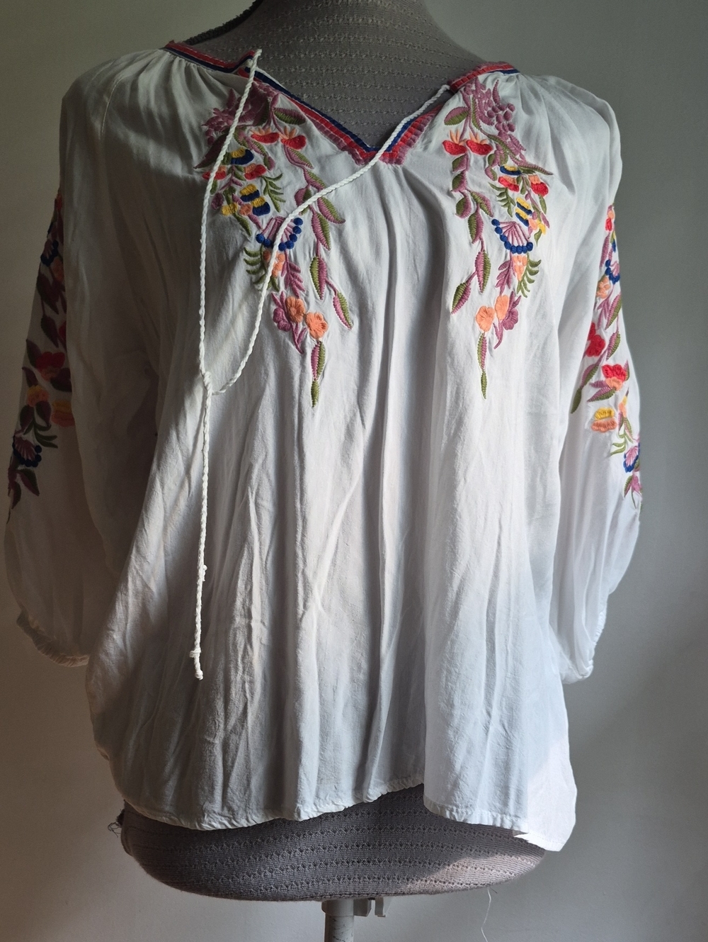 Embroidered White Peasant Blouse with Multicolor Floral Detail